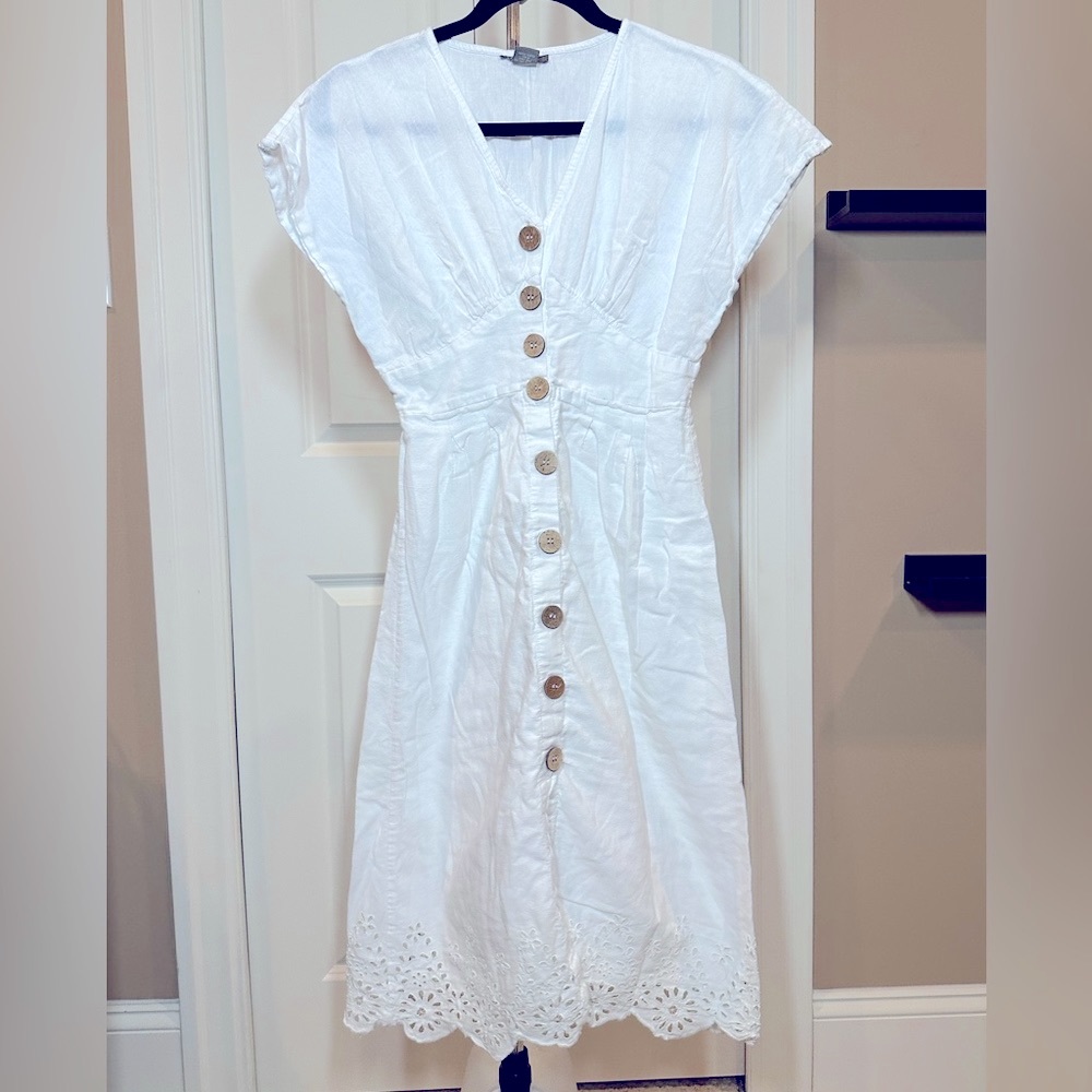 White Cotton Linen Empire Waist Dress